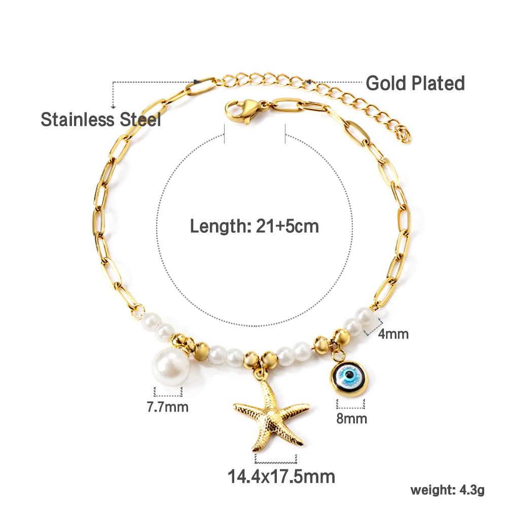 8 white pearls + 6 steel beads with white pearls + starfish + blue eyes anklet 21+5cm gold color asonjewelry