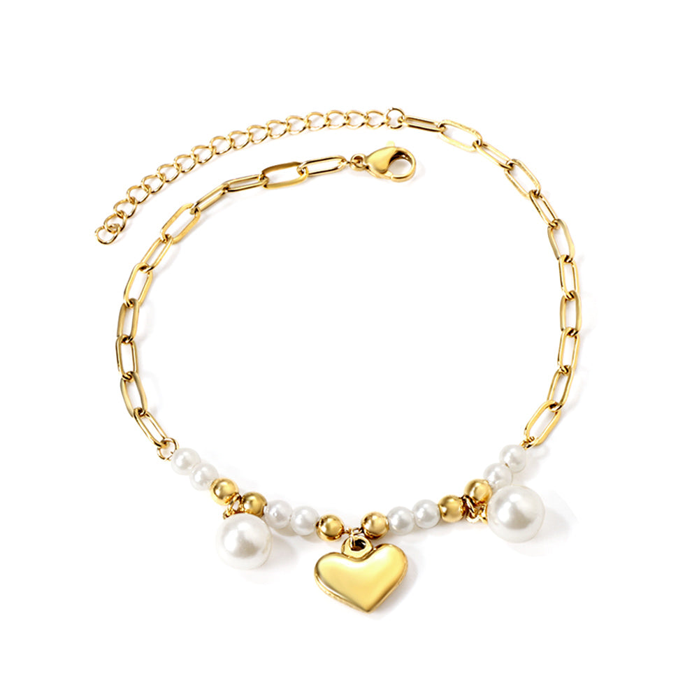8 white pearls + 6 steel beads with 2 white pearls + heart anklet 21+5cm gold color asonjewelry