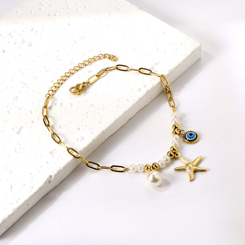 8 white pearls + 6 steel beads with white pearls + starfish + blue eyes anklet 21+5cm gold color asonjewelry