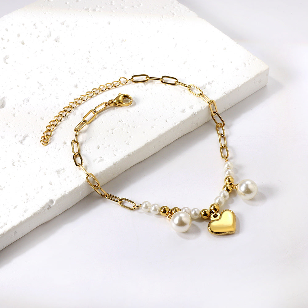 8 white pearls + 6 steel beads with 2 white pearls + heart anklet 21+5cm gold color asonjewelry