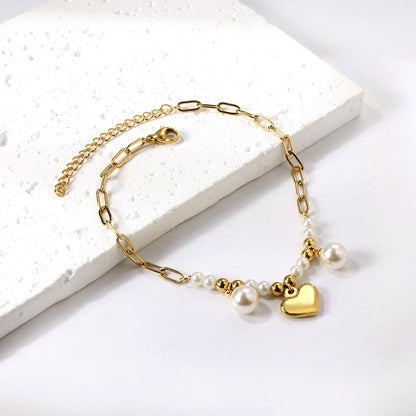 8 white pearls + 6 steel beads with 2 white pearls + heart anklet 21+5cm gold color asonjewelry