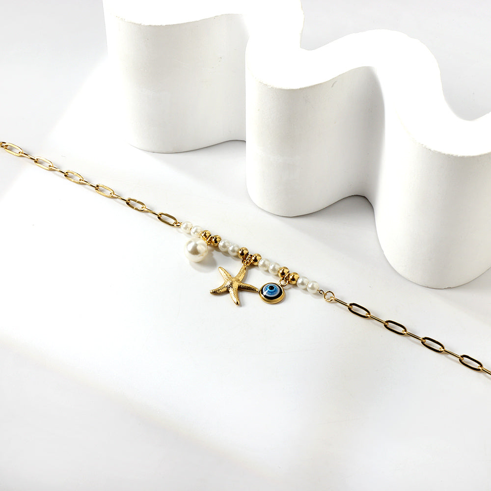 8 white pearls + 6 steel beads with white pearls + starfish + blue eyes anklet 21+5cm gold color asonjewelry