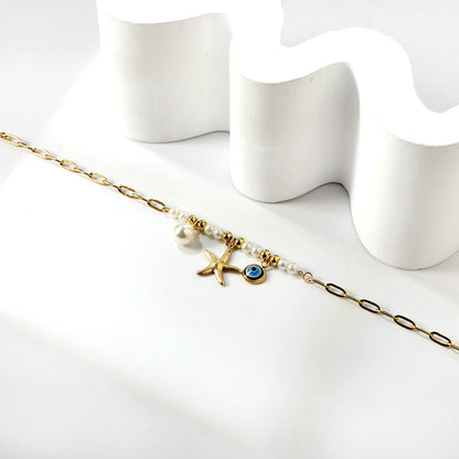8 white pearls + 6 steel beads with white pearls + starfish + blue eyes anklet 21+5cm gold color asonjewelry