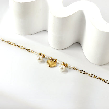 8 white pearls + 6 steel beads with 2 white pearls + heart anklet 21+5cm gold color asonjewelry