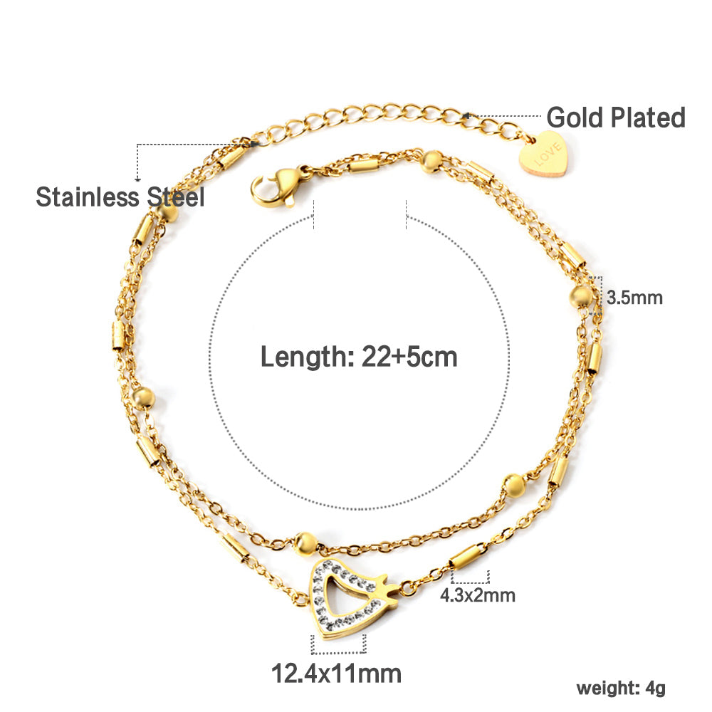 11 Cylinders + 6 Steel Beads with Hollowed Out White Diamonds Heart with Crown Double Chain Anklet 22+5cm GOLD asonjewelry