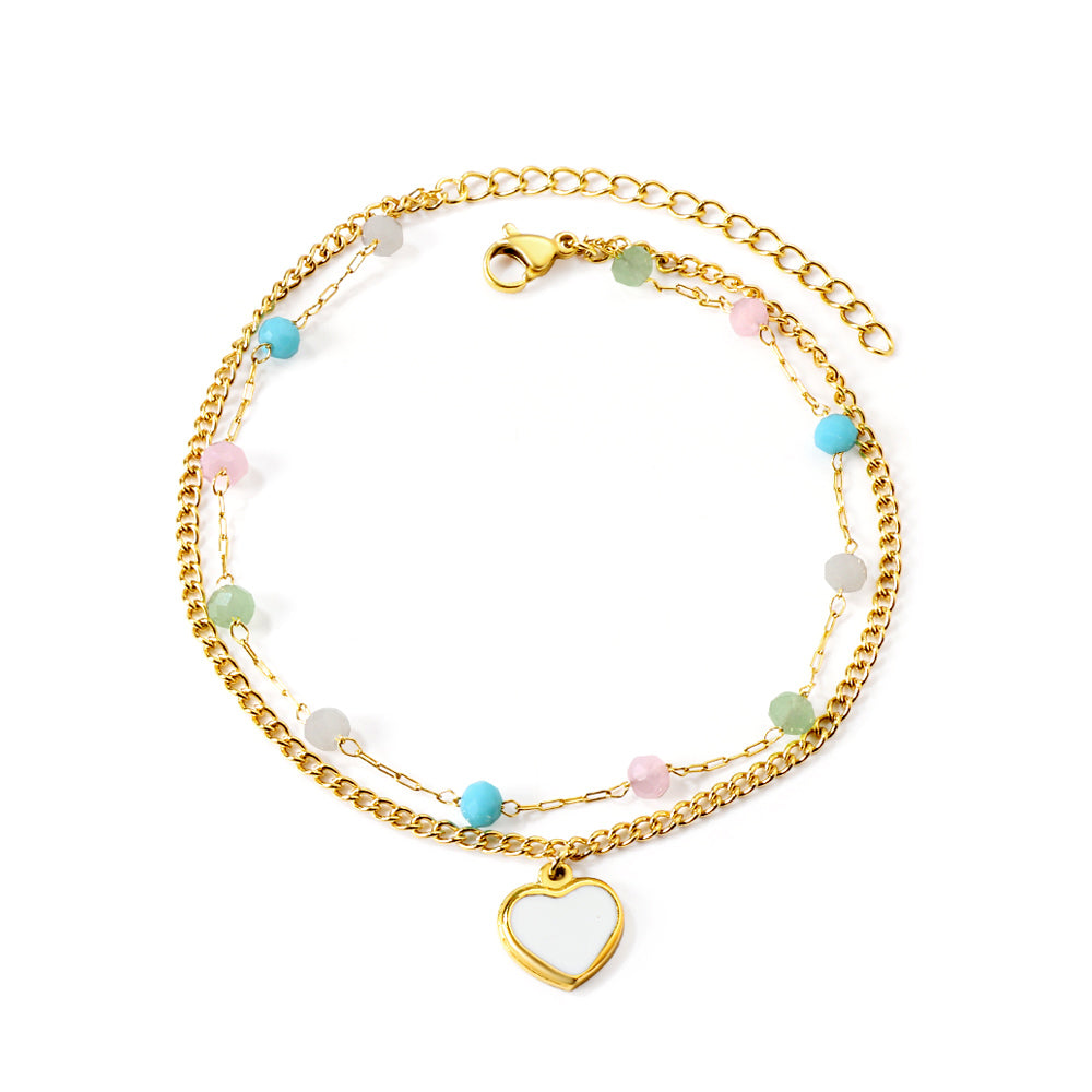 12 mixed color beads + matching chain with white oil drops heart double chain anklet 21+5cm gold color asonjewelry