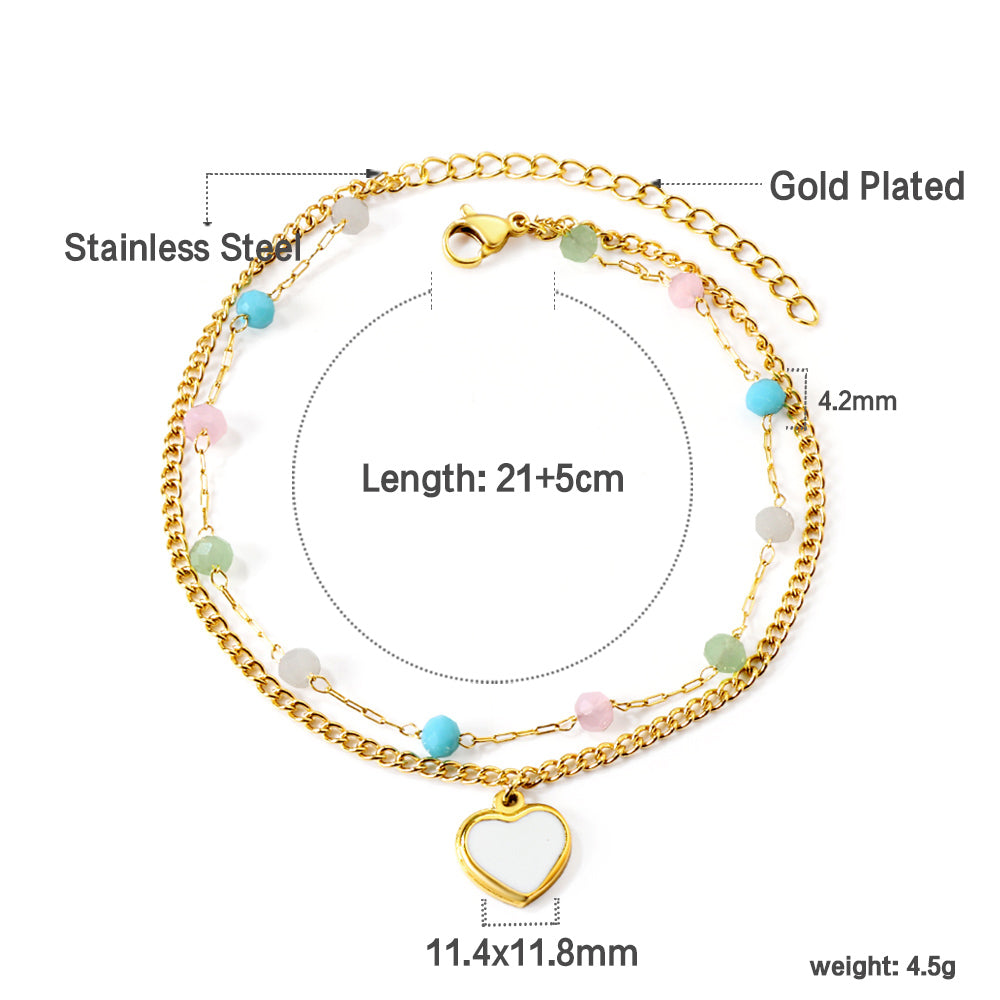 12 mixed color beads + matching chain with white oil drops heart double chain anklet 21+5cm gold color asonjewelry