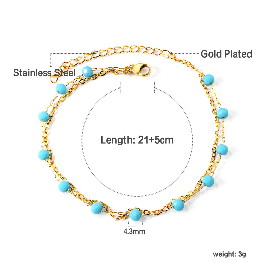 12 blue beads + matching chain double chain anklet 21+5cm gold color asonjewelry