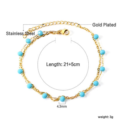 12 blue beads + matching chain double chain anklet 21+5cm gold color asonjewelry