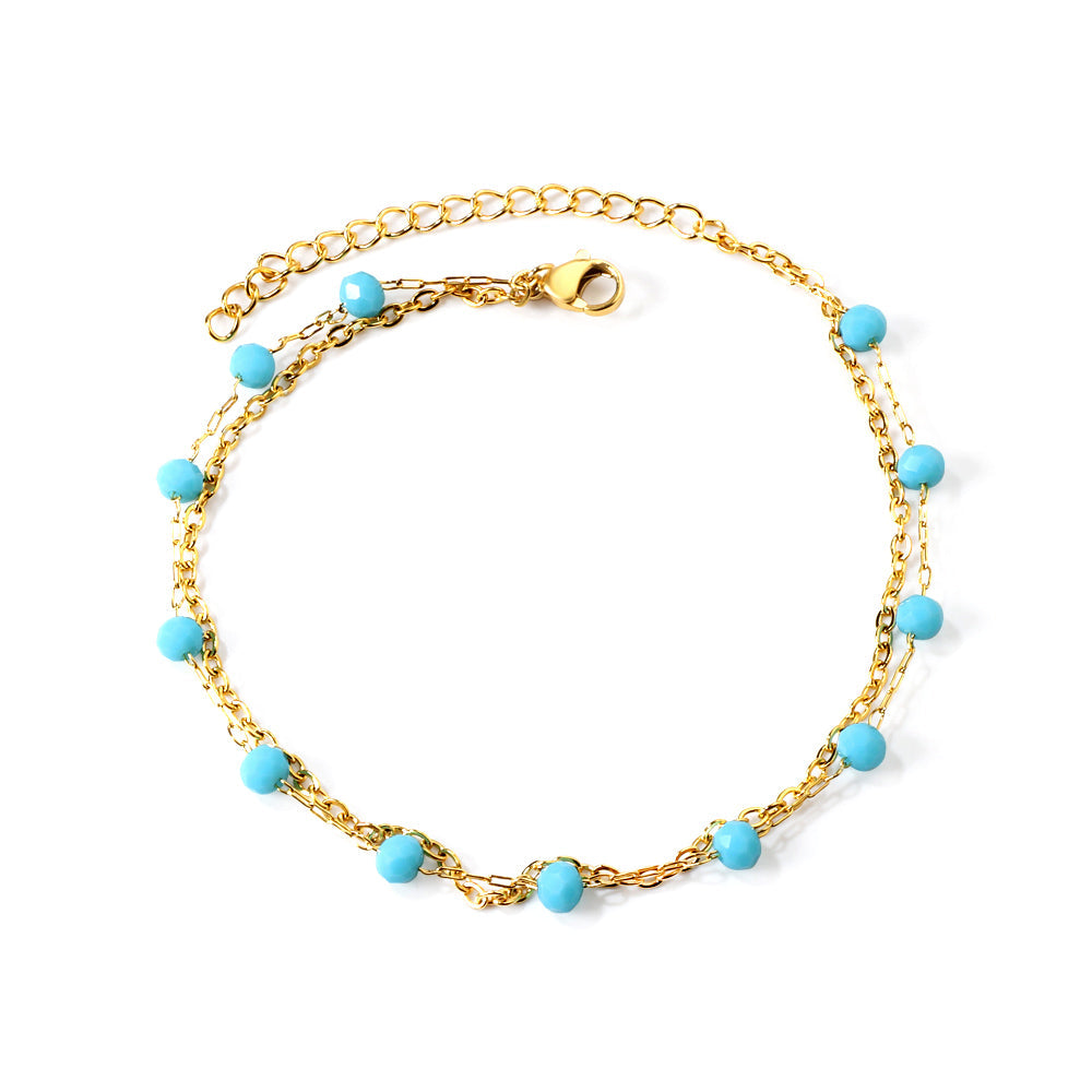 12 blue beads + matching chain double chain anklet 21+5cm gold color asonjewelry