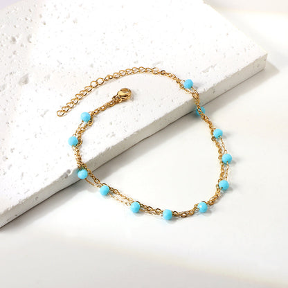 12 blue beads + matching chain double chain anklet 21+5cm gold color asonjewelry