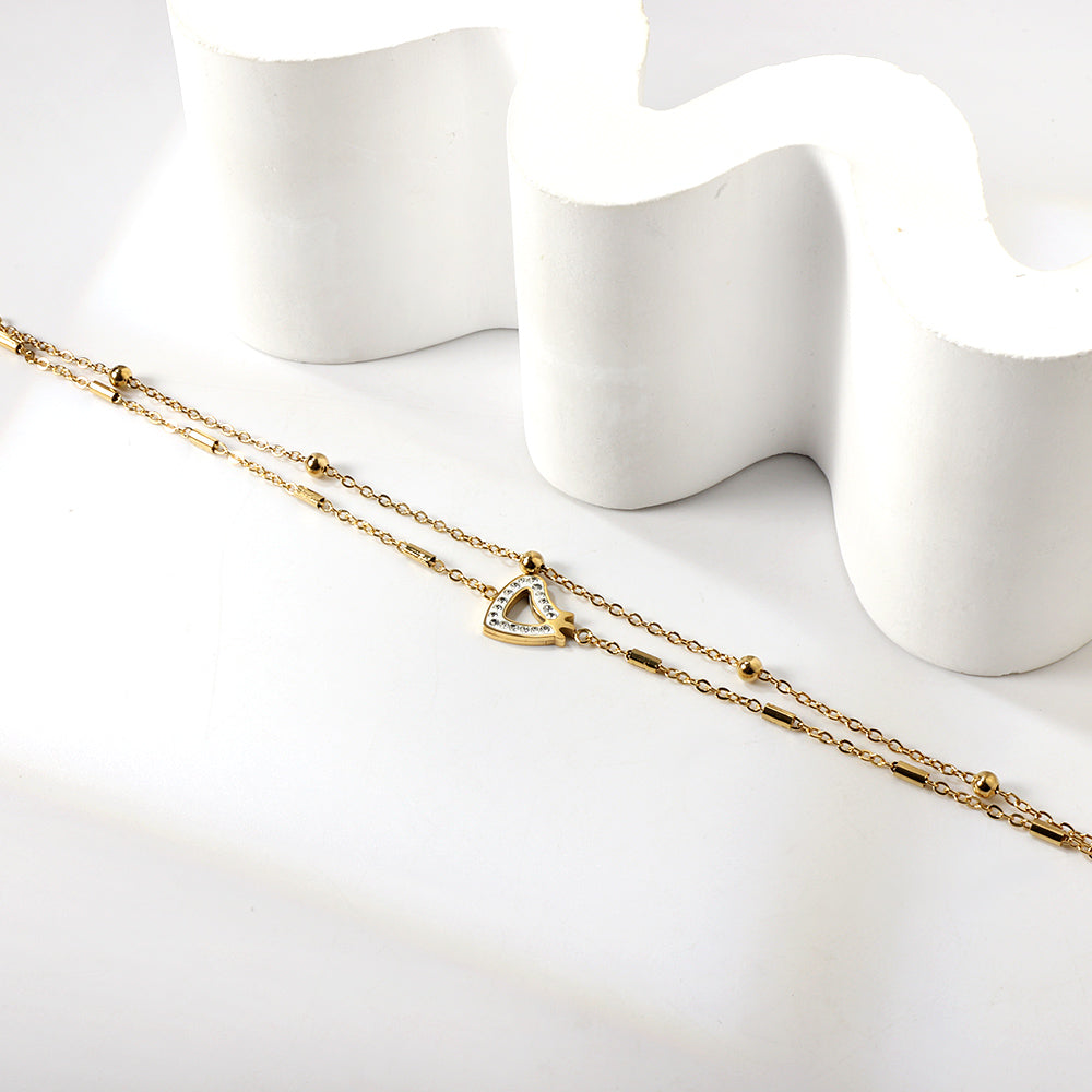 11 Cylinders + 6 Steel Beads with Hollowed Out White Diamonds Heart with Crown Double Chain Anklet 22+5cm GOLD asonjewelry