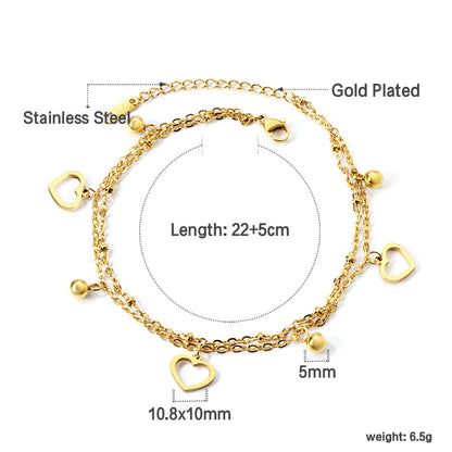 4 beads + matching chain with 3 open heart double chain anklet 22+5cm gold color asonjewelry