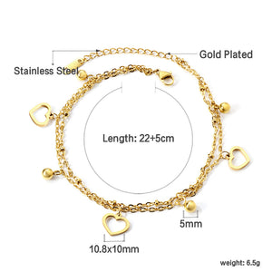 4 beads + matching chain with 3 open heart double chain anklet 22+5cm gold color