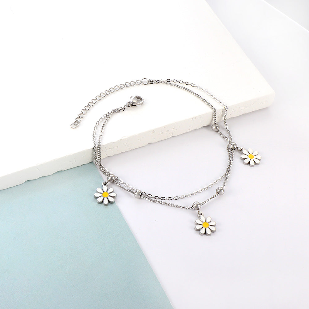 3 small Zouju 6 steel beads with chain + with chain double anklet 21 + 5cm steel color gold asonjewelry