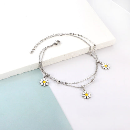 3 small Zouju 6 steel beads with chain + with chain double anklet 21 + 5cm steel color gold asonjewelry