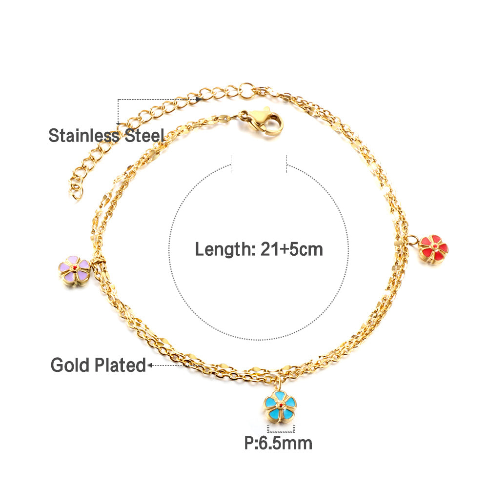 3 Mixed Peach Blossom with chain + chain with double anklet 21+5cm gold color steel color asonjewelry