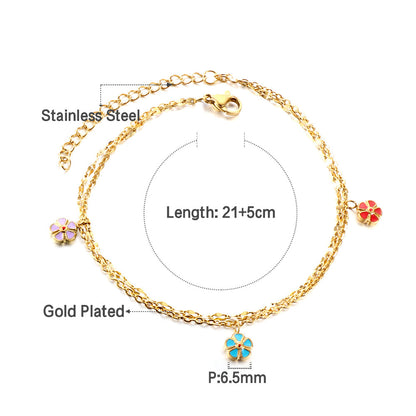 3 Mixed Peach Blossom with chain + chain with double anklet 21+5cm gold color steel color asonjewelry