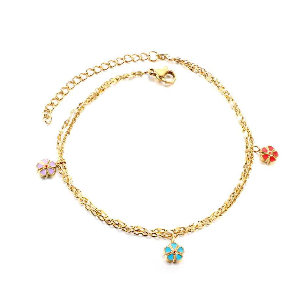 3 Mixed Peach Blossom with chain + chain with double anklet 21+5cm gold color steel color asonjewelry