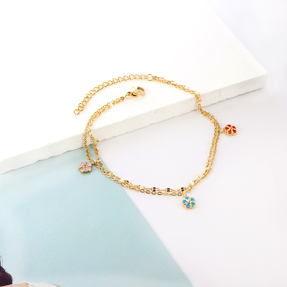3 Mixed Peach Blossom with chain + chain with double anklet 21+5cm gold color steel color asonjewelry