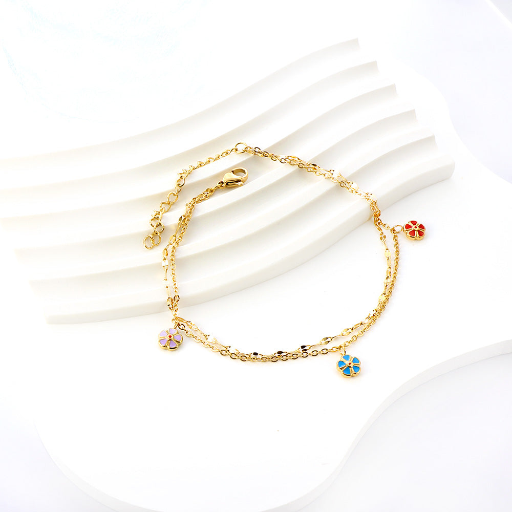 3 Mixed Peach Blossom with chain + chain with double anklet 21+5cm gold color steel color asonjewelry