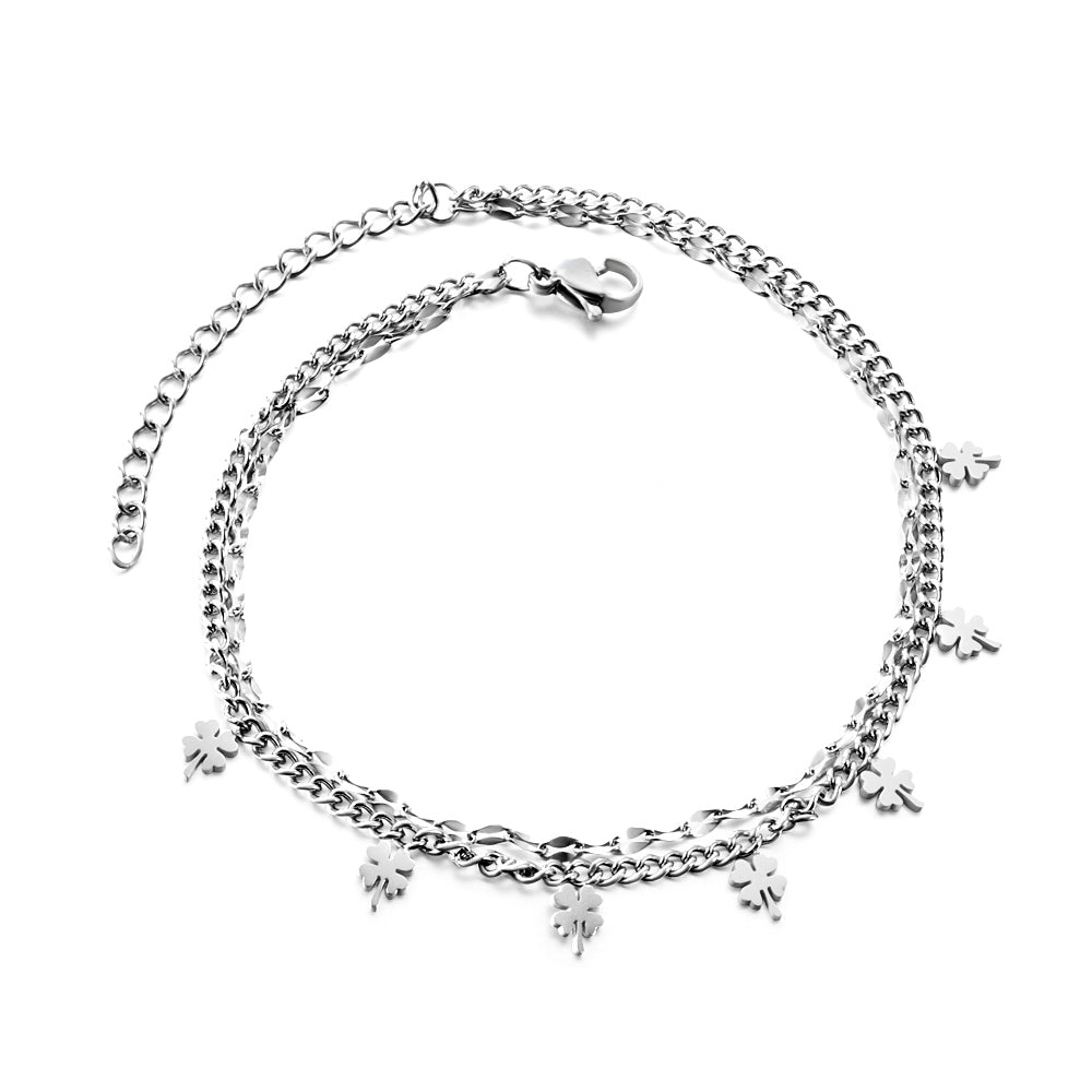 7 four-leaf clovers with chain + chain bipod 21+5cm gold color steel color asonjewelry