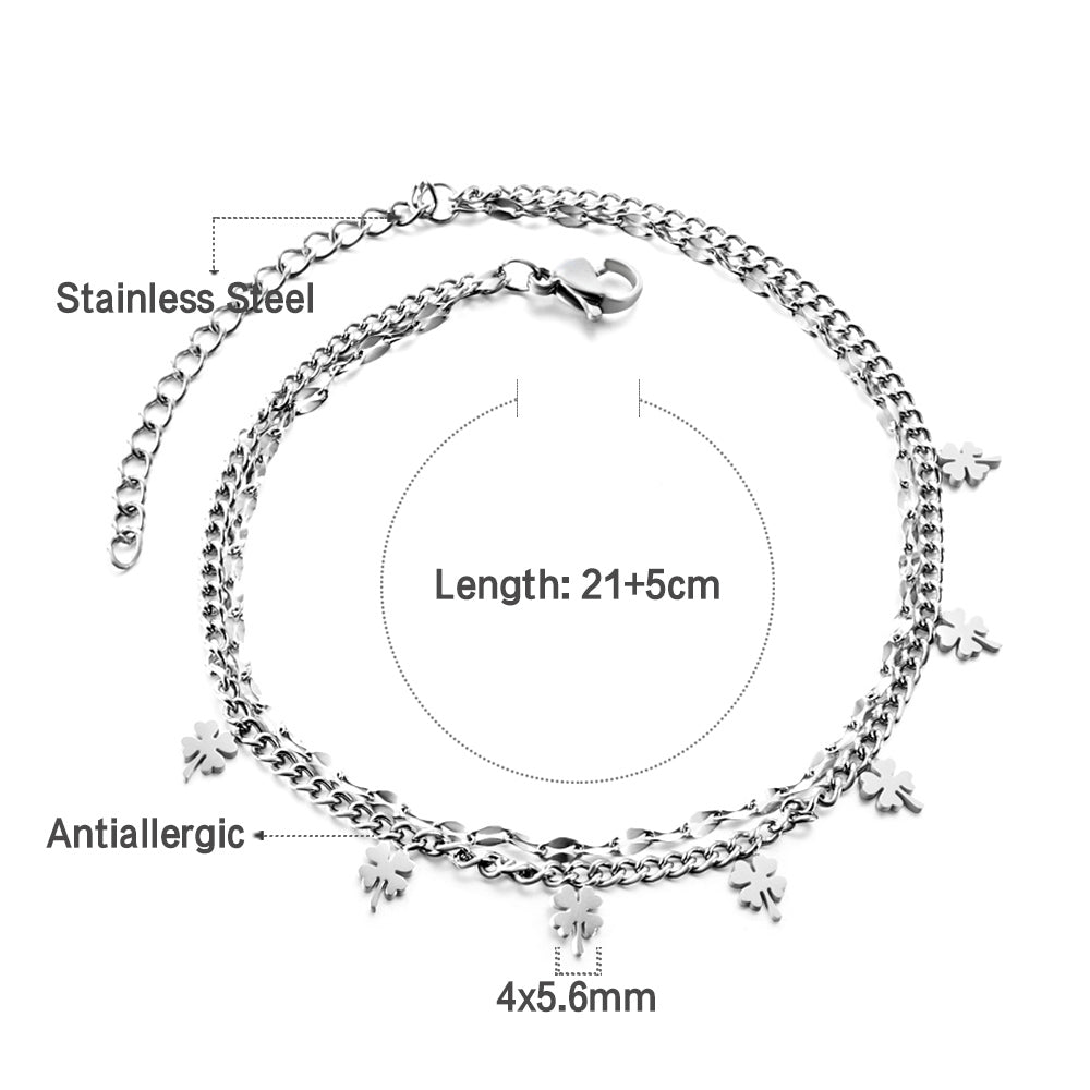 7 four-leaf clovers with chain + chain bipod 21+5cm gold color steel color asonjewelry