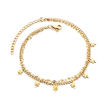 7 four-leaf clovers with chain + chain bipod 21+5cm gold color steel color asonjewelry