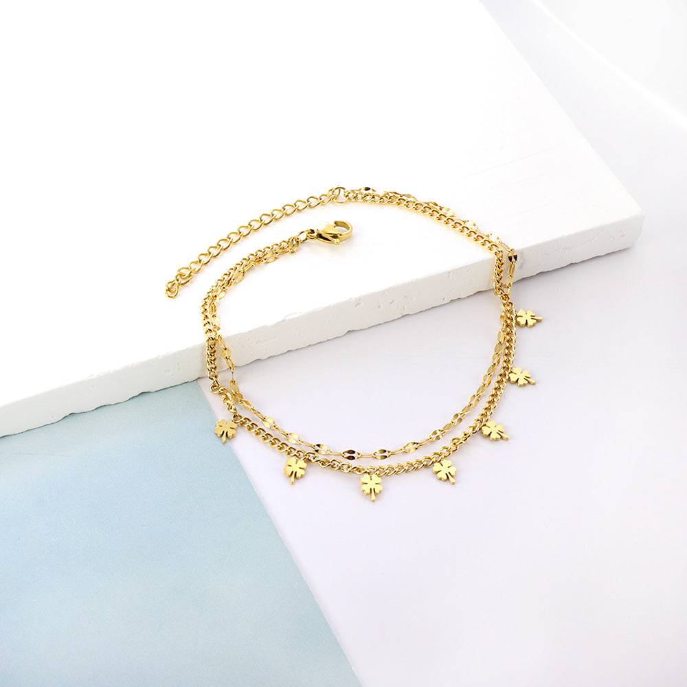 7 four-leaf clovers with chain + chain bipod 21+5cm gold color steel color asonjewelry