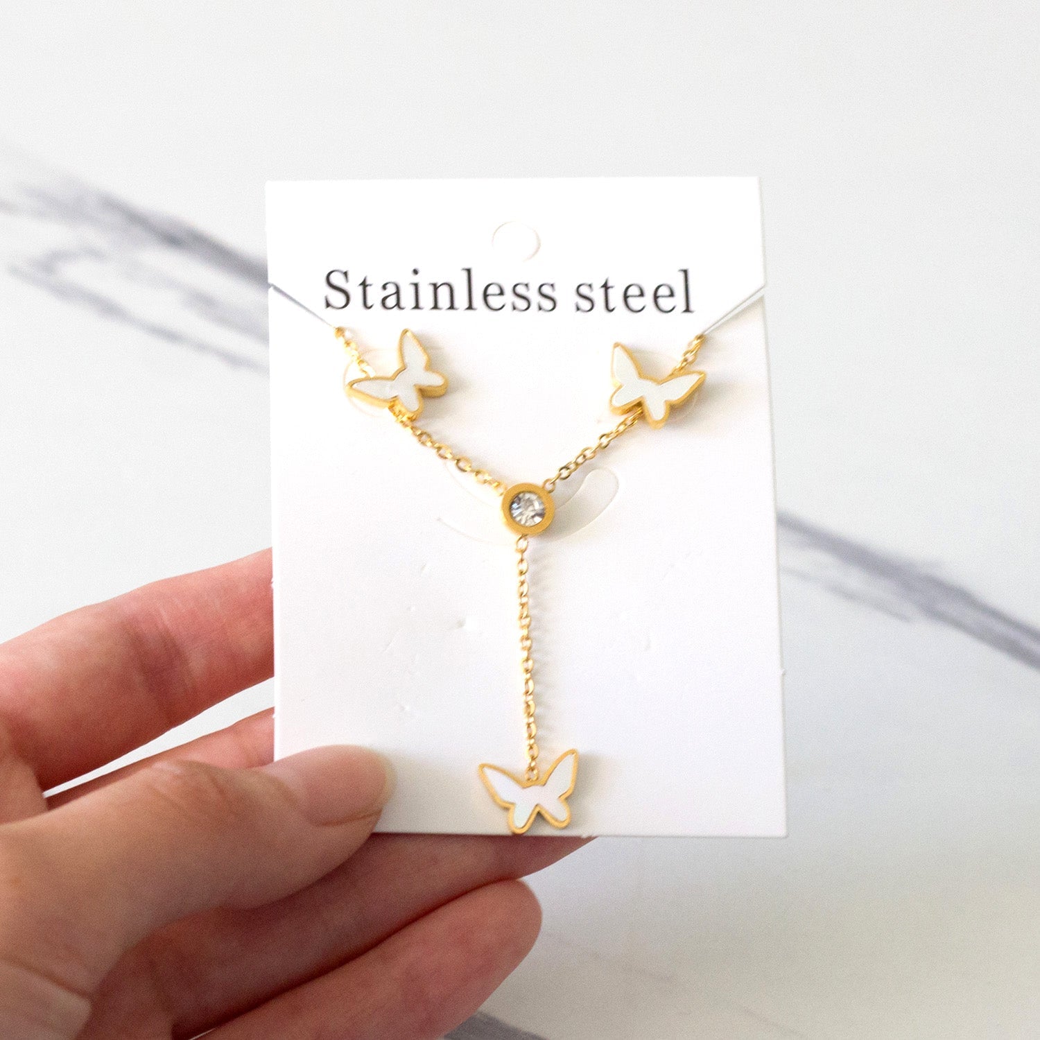 White Diamonds + Butterfly White Shells Jewelry Set Steel/Gold asonjewelry