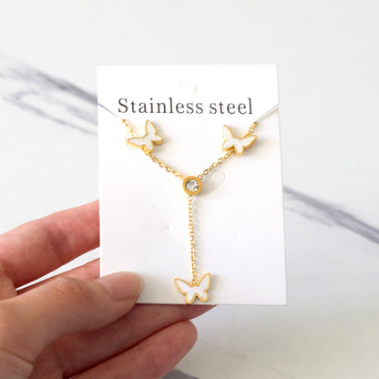 White Diamonds + Butterfly White Shells Jewelry Set Steel/Gold asonjewelry