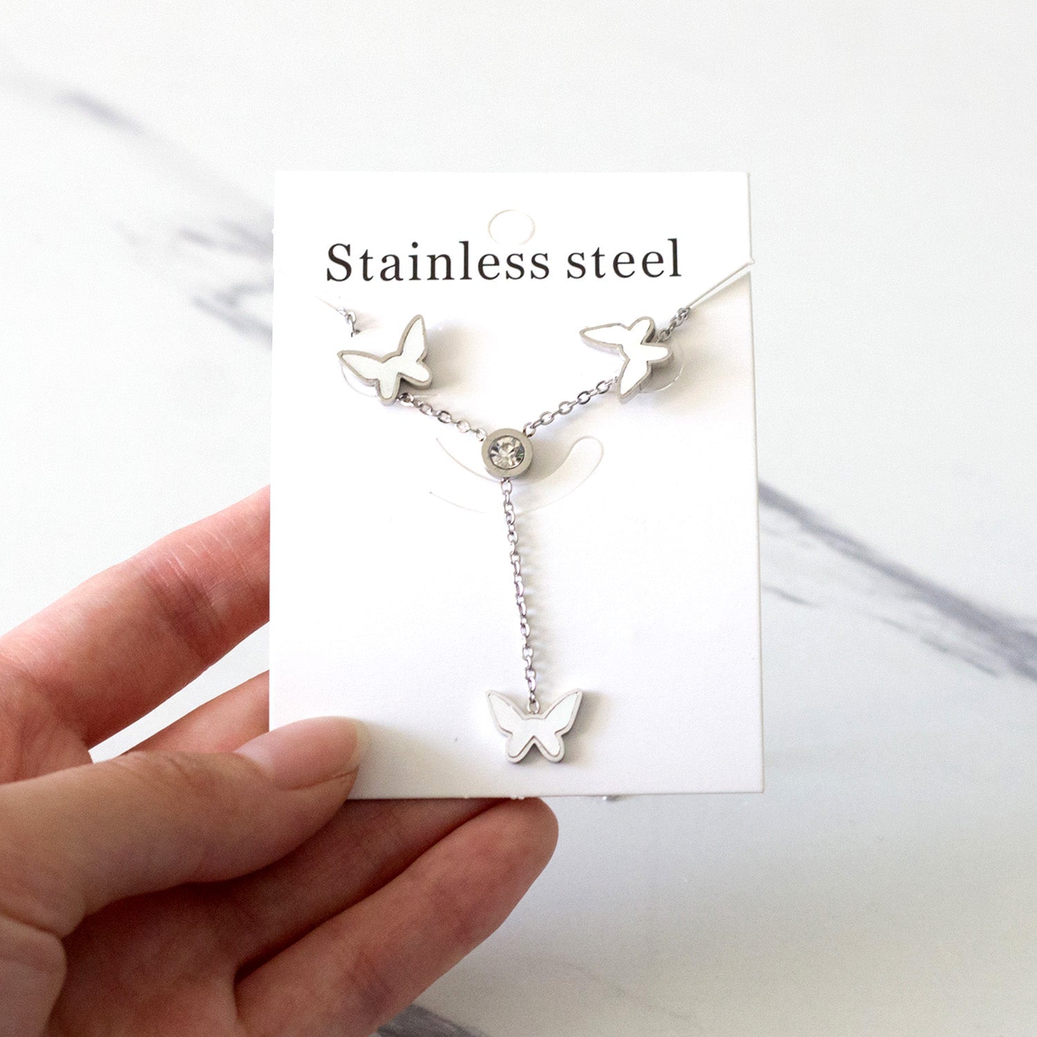 White Diamonds + Butterfly White Shells Jewelry Set Steel/Gold asonjewelry