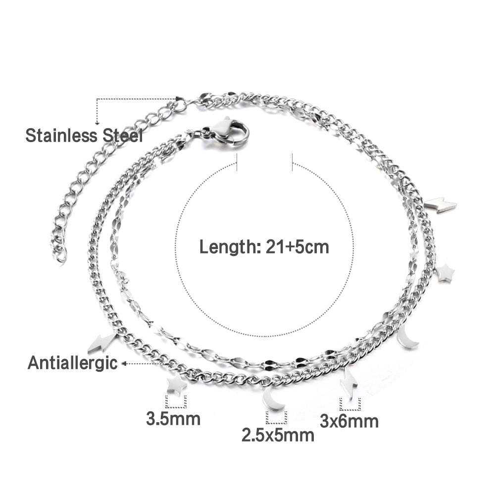 3 Lightning + 2 Moon + 2 Stars with chain + chain bipod 21+5cm steel color gold color asonjewelry