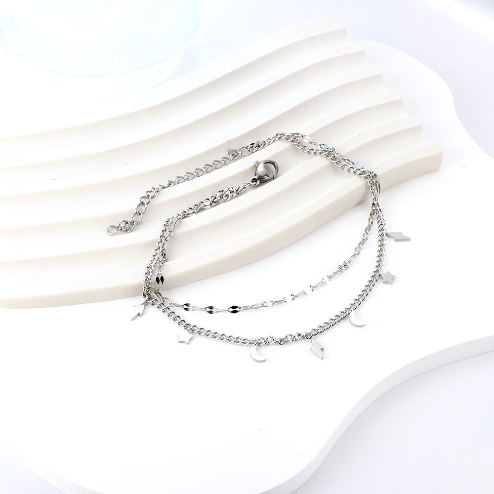 3 Lightning + 2 Moon + 2 Stars with chain + chain bipod 21+5cm steel color gold color asonjewelry