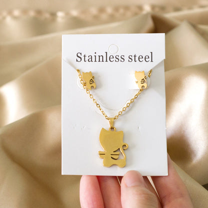 Steel/Gold Faceted Cat Standing Shape Jewelry Set without Diamonds asonjewelry