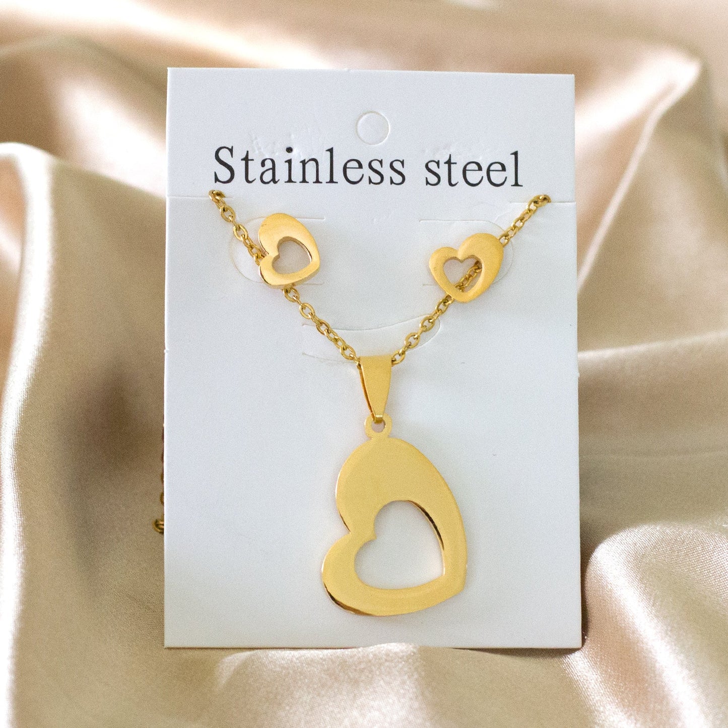 Steel/Gold Wispy Faceted Heart Cut Jewelry Set without Diamonds asonjewelry
