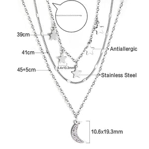 5 stars + 1 moon with diamonds accessories pendant triple chain 48+41+39+5cm steel color