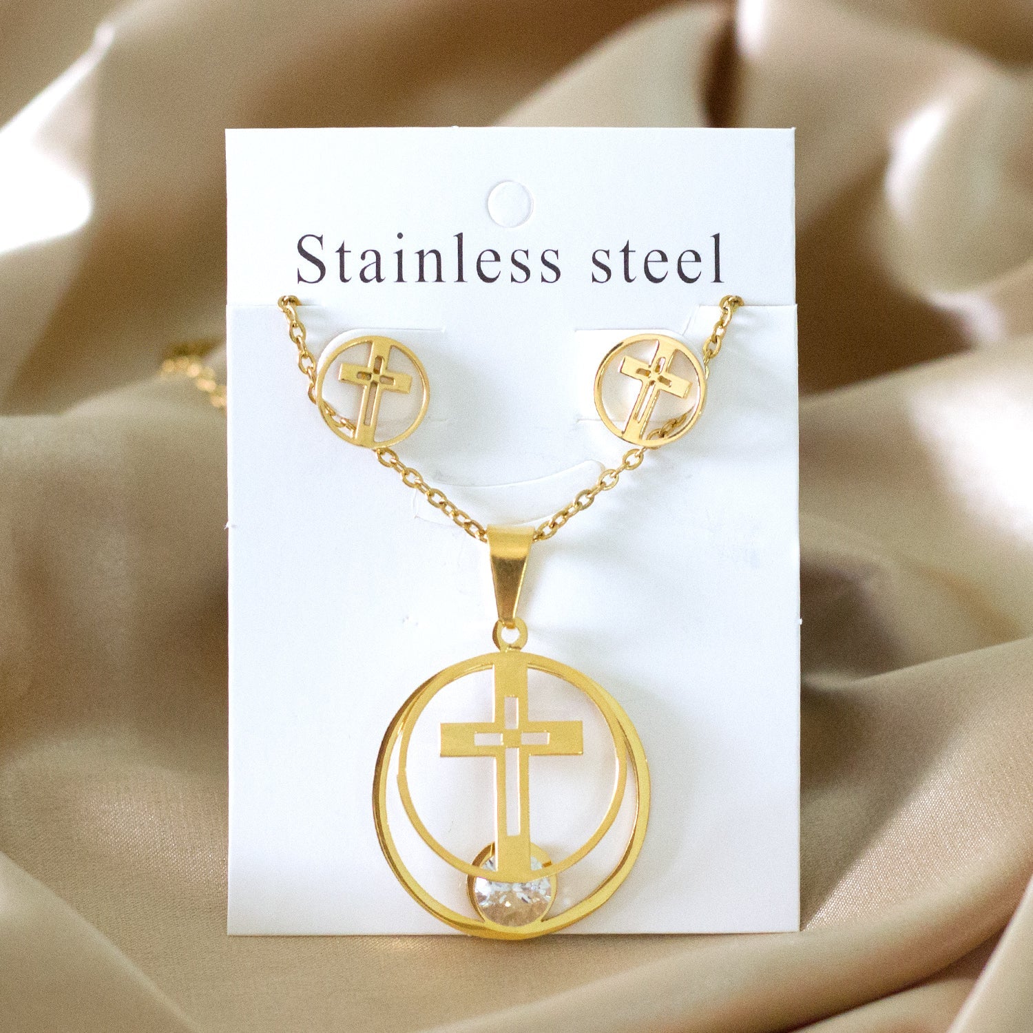 GOLD/STEEL with ZIRCONIA + TWO CIRCULARS WITH INTERNAL CUT CROSSES AND DIAMONDS SET asonjewelry