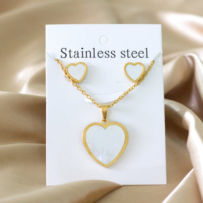 Steel/golden cut sticky heart white shell jewelry set asonjewelry