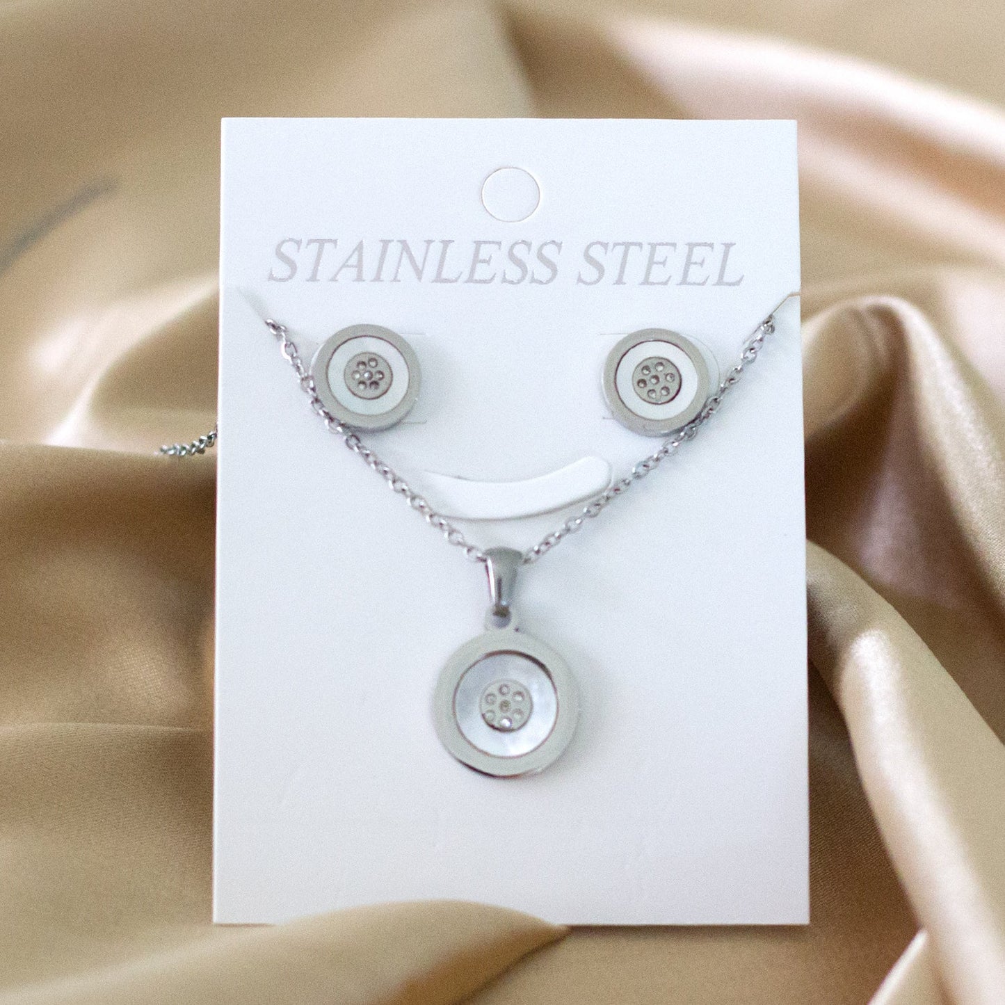 Steel/Gold Cut and Glue White Round Shells Jewelry Set asonjewelry