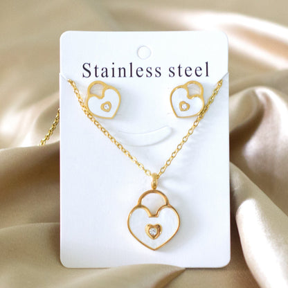 Gold/Steel Heart Shape Hand Basket White Shell with Diamonds Jewelry Set asonjewelry