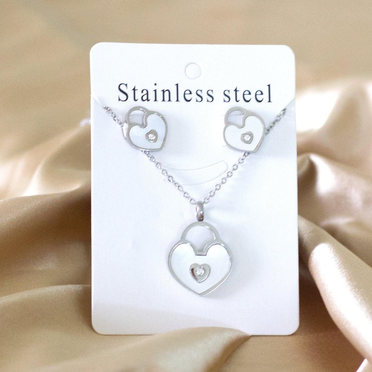 Gold/Steel Heart Shape Hand Basket White Shell with Diamonds Jewelry Set asonjewelry