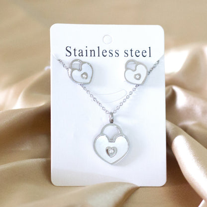 Gold/Steel Heart Shape Hand Basket White Shell with Diamonds Jewelry Set asonjewelry