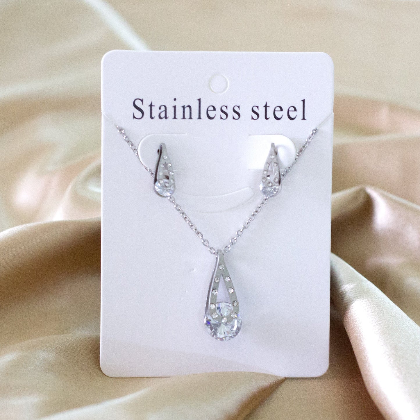 Gold/Steel Teardrop + Zirconia Pendant Jewelry Set asonjewelry