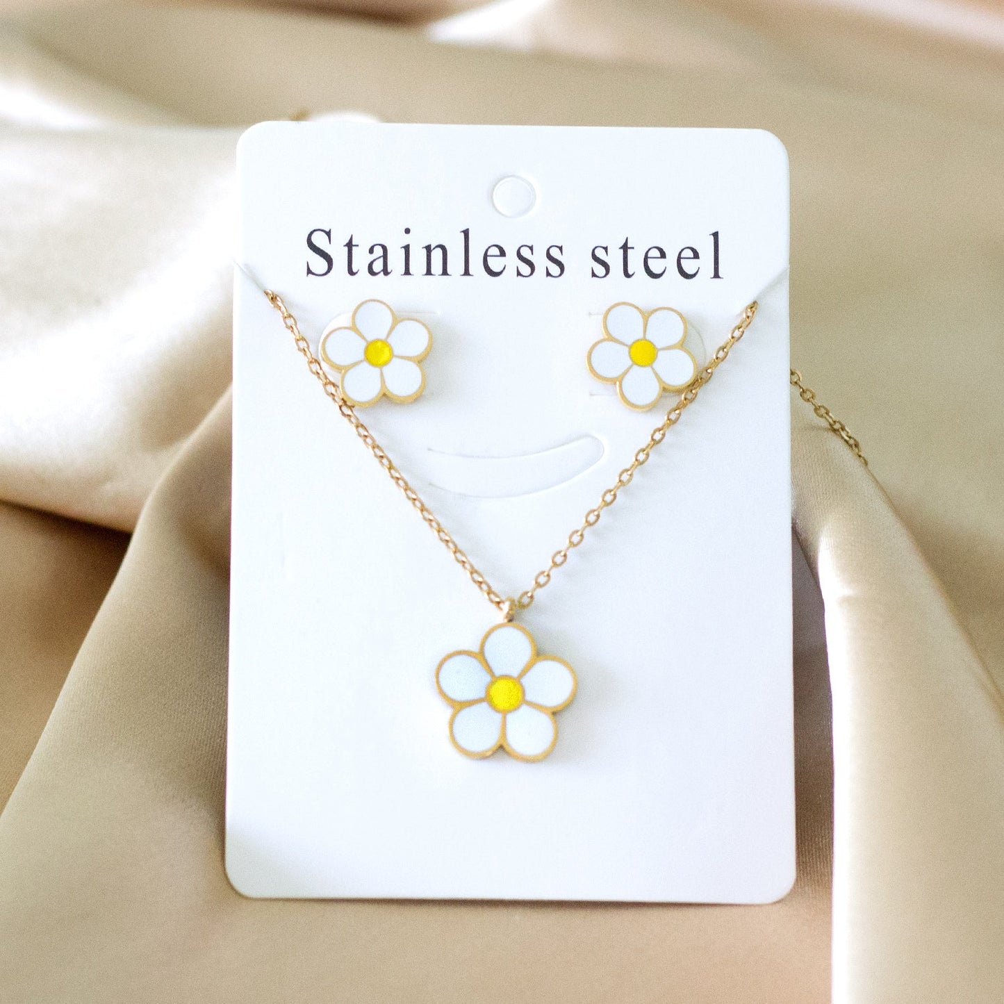 Peach Blossom Oil Drip White Jewelry Set Steel/Gold asonjewelry