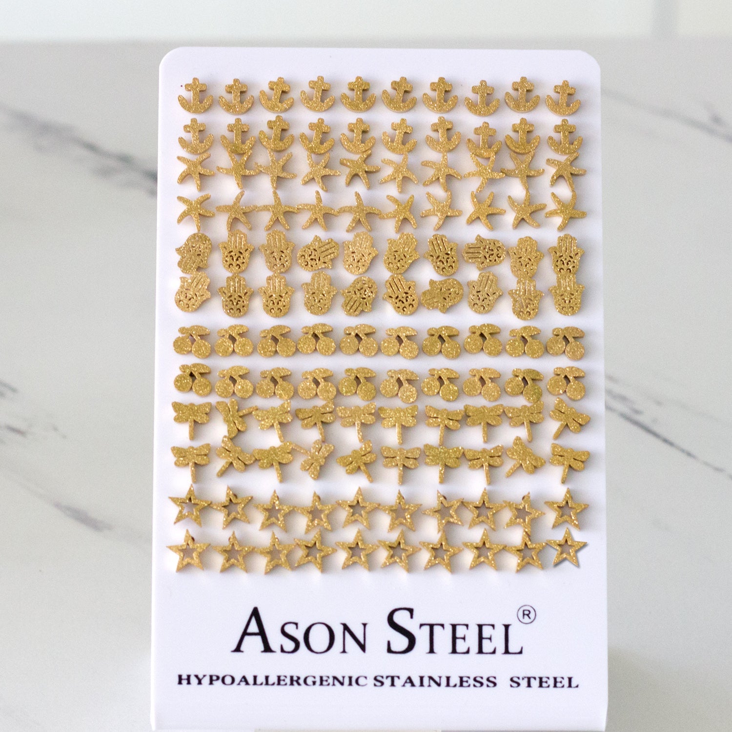 Goldtone Cherry/Pentagram/Palm Cut Frosted Stud Earrings without Diamonds on Snaps asonjewelry