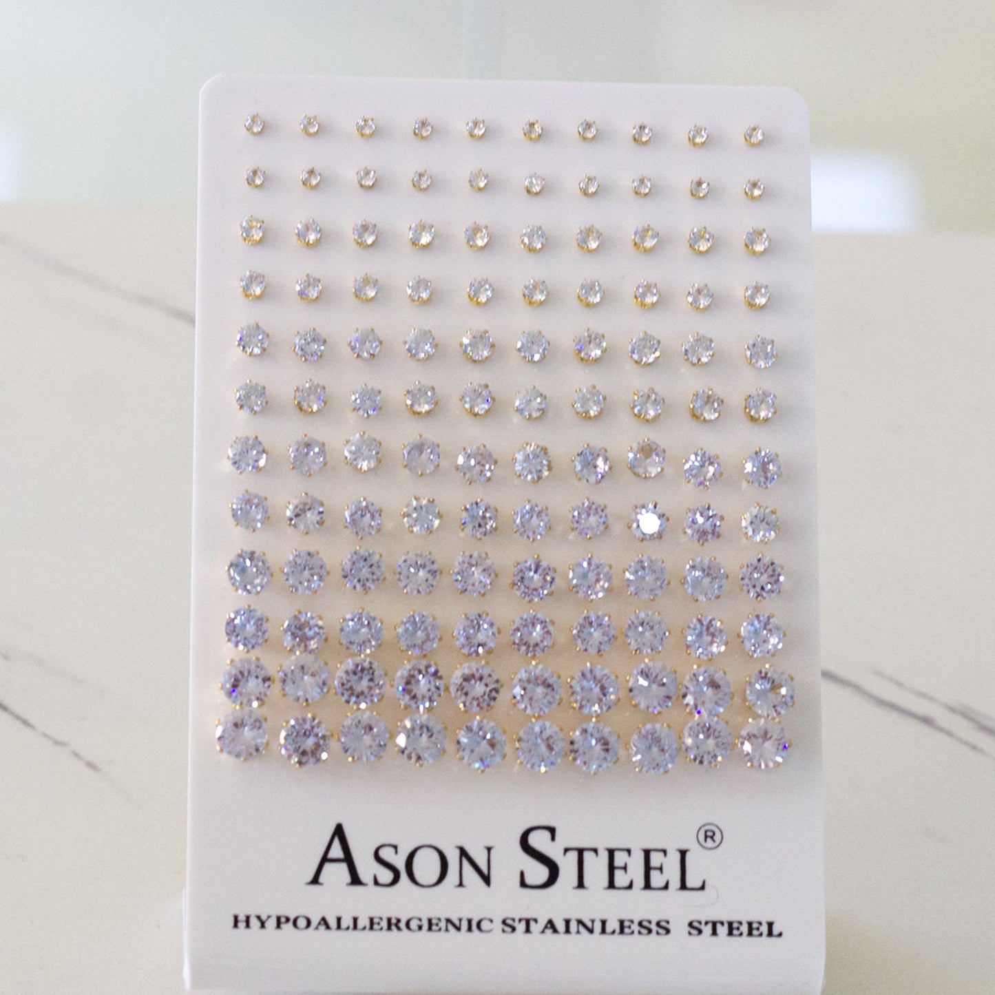 3-8 Snapback Steel/Gold Six Claw Round White/Black Diamond Stud Earrings asonjewelry