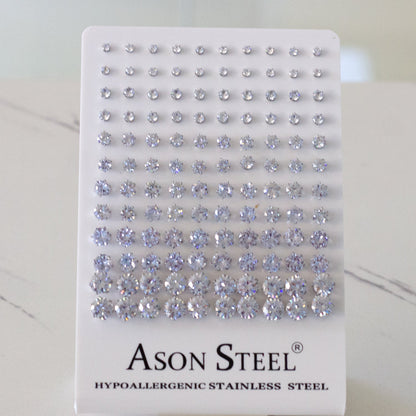 3-8 Snapback Steel/Gold Six Claw Round White/Black Diamond Stud Earrings asonjewelry