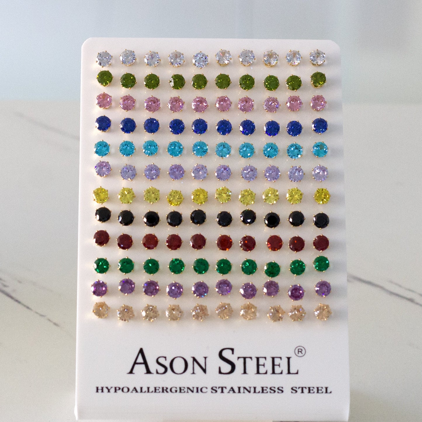 6mm Card Holder Steel/Gold Six Claw Round Mixed Diamond Stud Earrings asonjewelry