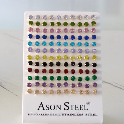 6mm Card Holder Steel/Gold Six Claw Round Mixed Diamond Stud Earrings asonjewelry